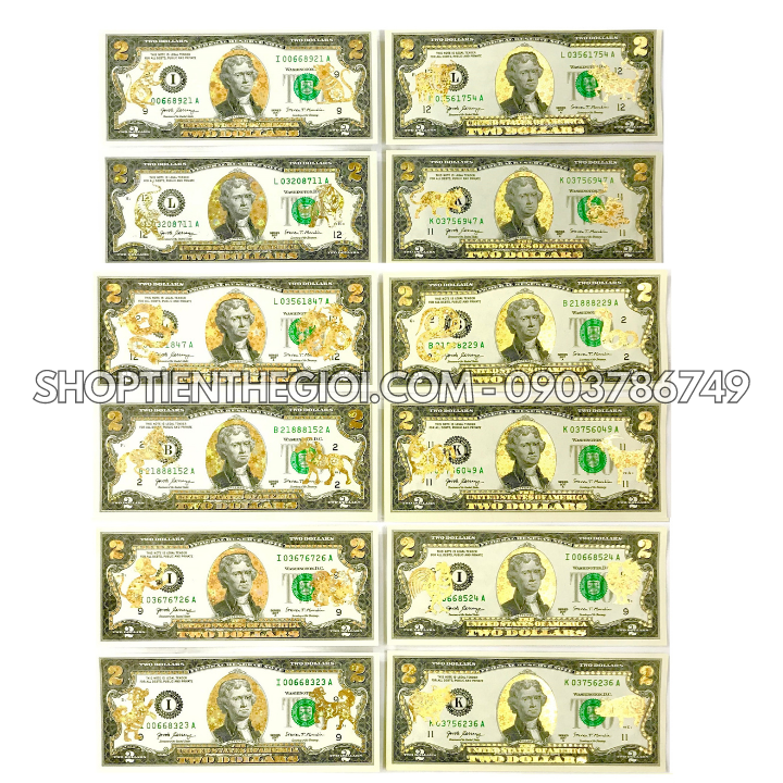 Bộ Tiền 2 USD in hình 12 Con Giáp 3D nhũ vàng - SP005563